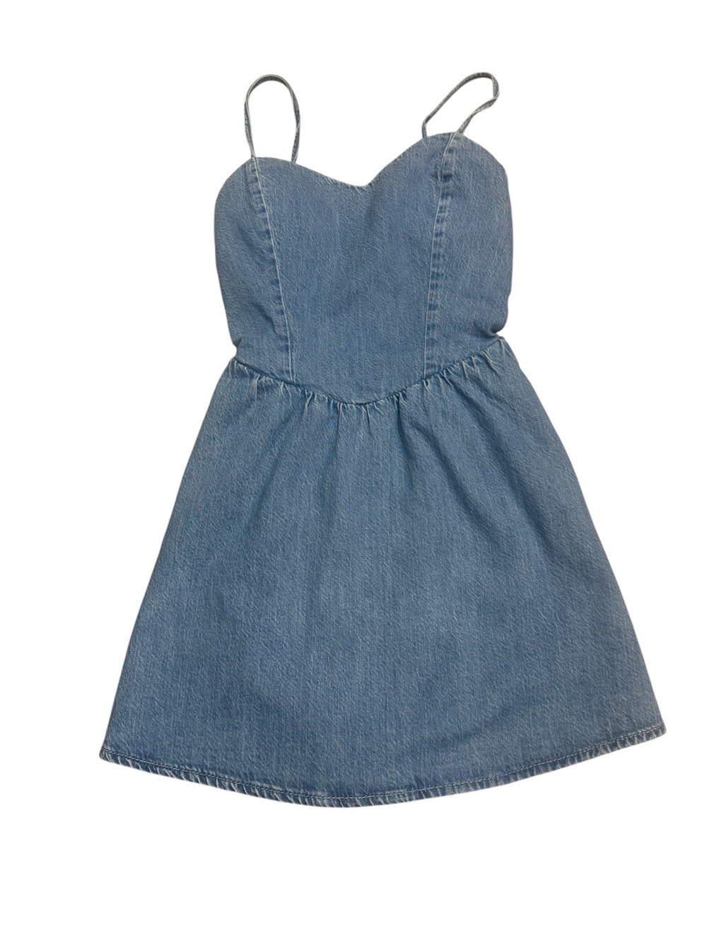 Hollister Denim Fit & Flare Mini Dress XS Sweetheart Neck Open Back Tie Pockets - Picture 11 of 11